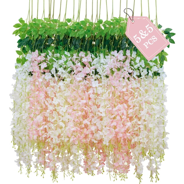 Flores colgantes artificiales de glicina BLEUM CADE, 10 unidades, blancas y rosas