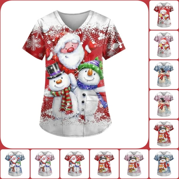 Uniforme de trabajo de enfermera con estampado navideño y cuello en V para mujer, camiseta de moda para mujer, camisetas divertidas de manga corta, ropa de trabajo, camiseta con bolsillo