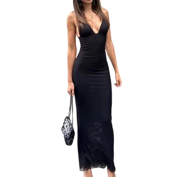 Women'S Printed Dresses Neckline Backless Slimming Black M