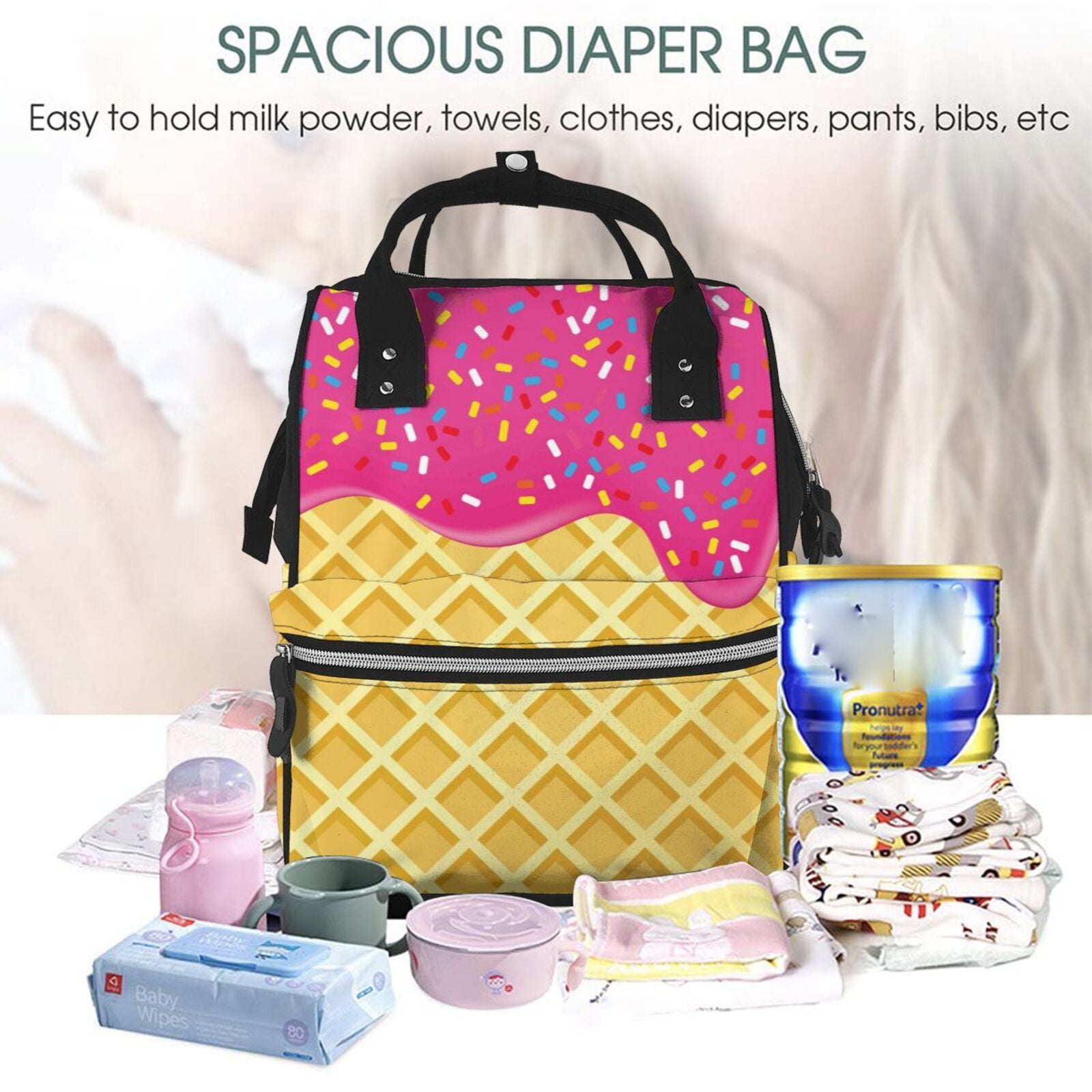 Ratiio Red Ice Cream Mummy Backpack - Waterproof Twill Canvas, Large Capacity Diaper Bag with Multiple Pockets and Adjustable Straps