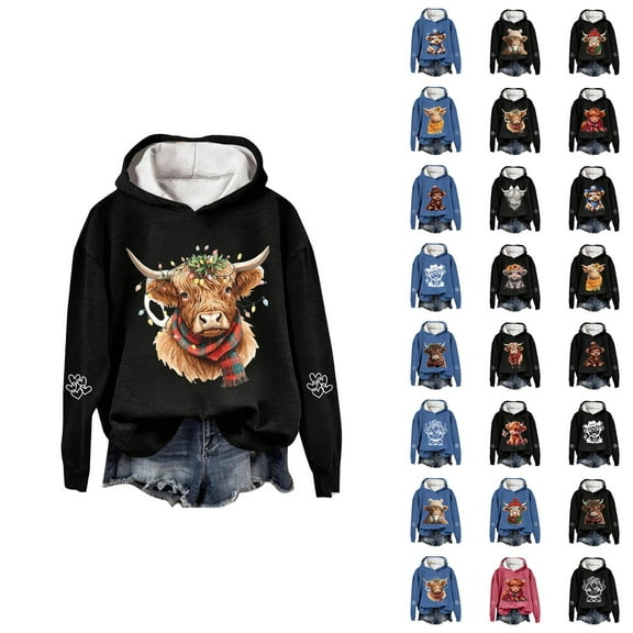 Christmas Highland Cow Hoodies for Women 2025 Long Sleeve Western Country Hooded Sweatshirt Pullover Tops
