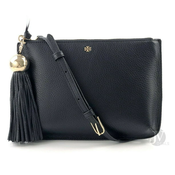 Tory Burch (50671) Pebbled Leather Tassel Crossbody Hand Bag [Black