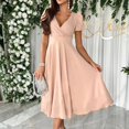 thumbnail image 3 of Women's Solid Elegant V Neck Waist Sleeve Large Hem Dress Pleated Dress for Women Summer Elegant Dress Prelude Dress Tunic Dress Summery Dresses Dresses Casual Fall Casual Dresses for Women Summer, 3 of 7
