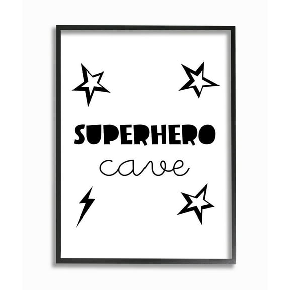 Stupell Industries Superhero Cave Kid's Room Sign Stars Lightening Bolt Framed Wall Art Design by Seven Trees Design, 24" x 30", Black Framed