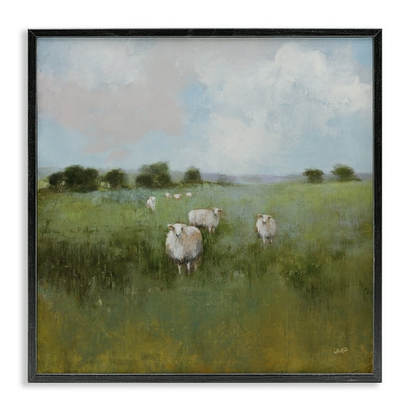 Stupell Industries Quiet Pasture with Sheep Landscape & Nature Painting Black Framed Art Print Wall Art, 12 x 12