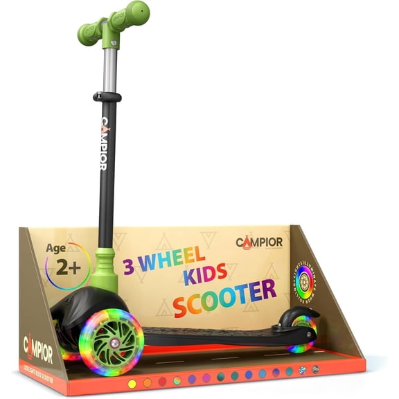 Campior Black & Green 3-Wheel Kids Scooter, Lean-to-Steer with LED Wheels, Adjustable Handlebar, Anti-Slip Deck, Rear Foot Brake, Ages 2 