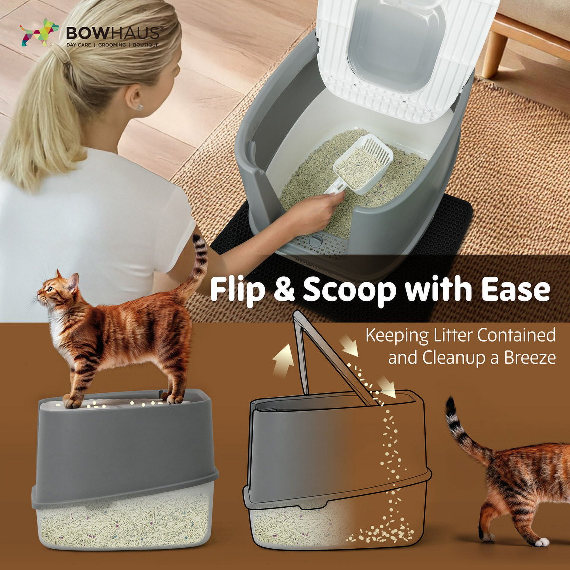 CAPHAUS Fully Enclosed Cat Litter Box with Double Door, Large Space Anti-Splashing Cat Toilet with Scoop, Cat Mat & Odor Fitter, Plastic Cat Litter Box w/ Lid, Lockable Front Door, Beige