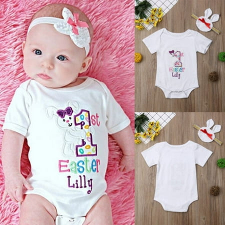 

Girls 2Pcs Easter Outfit Short Sleeve Romper + Bunny Headband Set