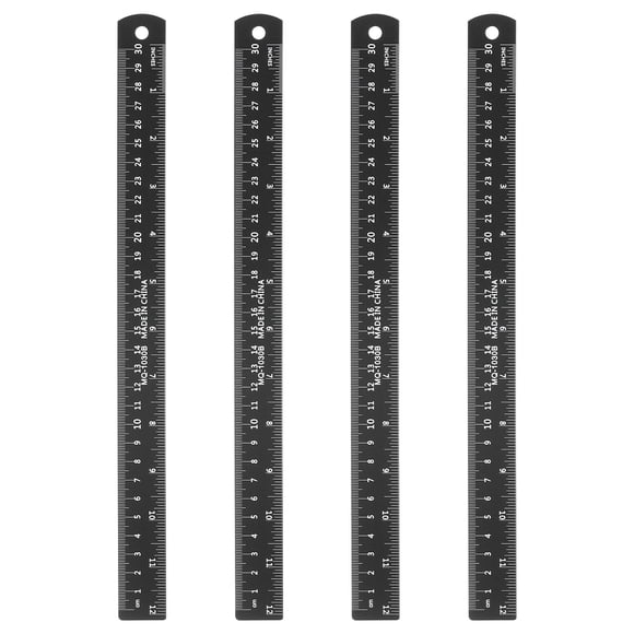Uxcell 4 Pcs Straight Ruler 11.81" Metric SAE Aluminum Rulers with Hole Black