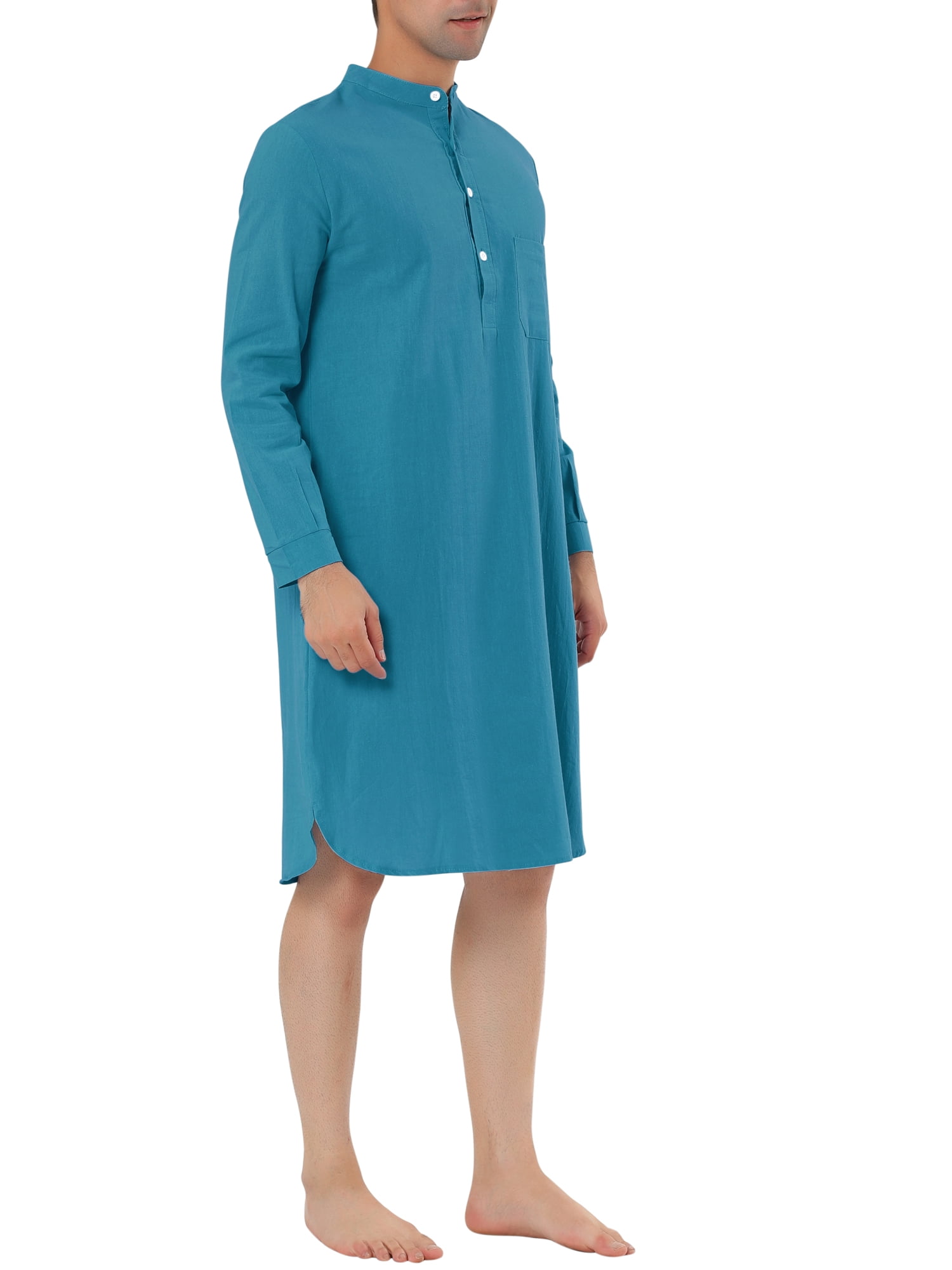 Unique Bargains Men's Banded Collar Nightshirt Sleep Shirt Nightgown M Lake Blue