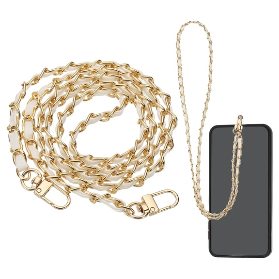 Phone Lanyard, 47 Inch Crossbody Cellphone Gold Chain with Tether Tabs, Anti-Theft Metal Pearl Neck Strap for Smartphones, White