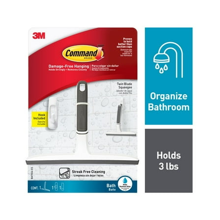 Command Twin Blade Squeegee with Bath Wall Hook, White, 1 Squeegee, Streak Free Cleaning, 9" Height