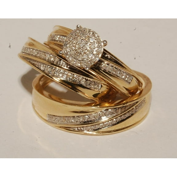 TAAPSEE JEWELS 14K Yellow Gold Over CZ Wedding Bridal His/Her Trio Ring Set