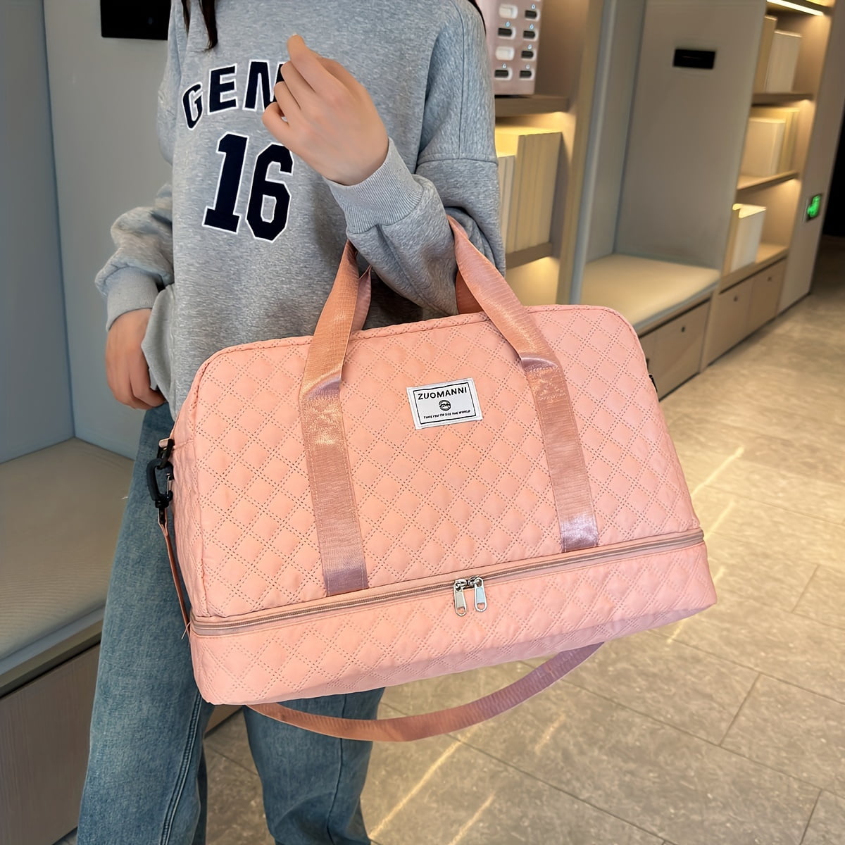 Travel Duffel Bag, Model for Women, with Wet Pocket, 1-Pack, Medium Size - Grid-Pink for Overnight, Gym, Hospital Use