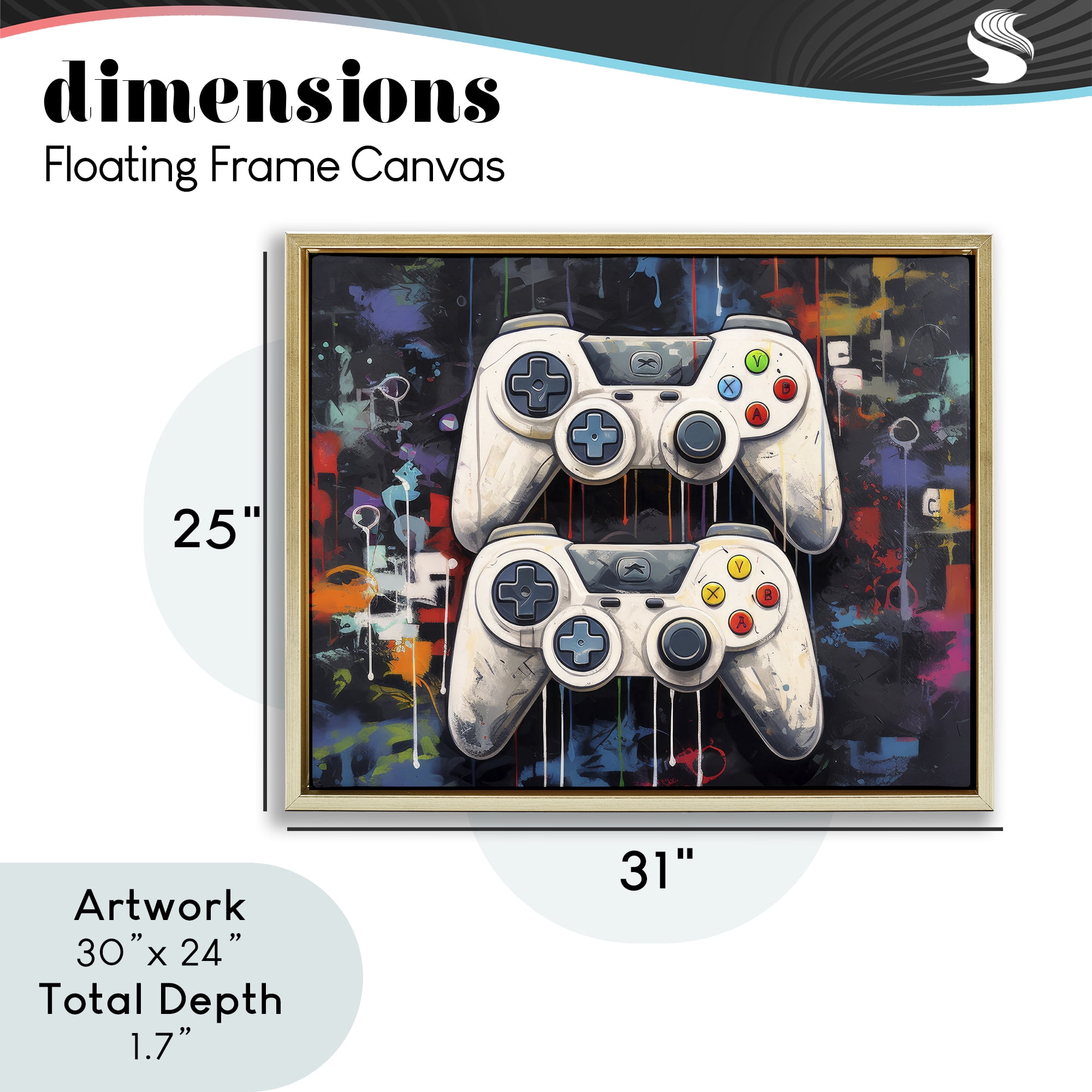 Stupell Industries Joystick Journeys with Paint Splatter Gold Framed Floater Canvas Wall Art, design by Lazar Studio