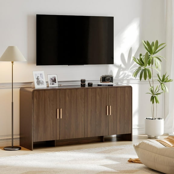 60" Farmhouse Sideboard Buffet Cabinet with Storage, Adjustable Shelves and 4 Doors, Walnut