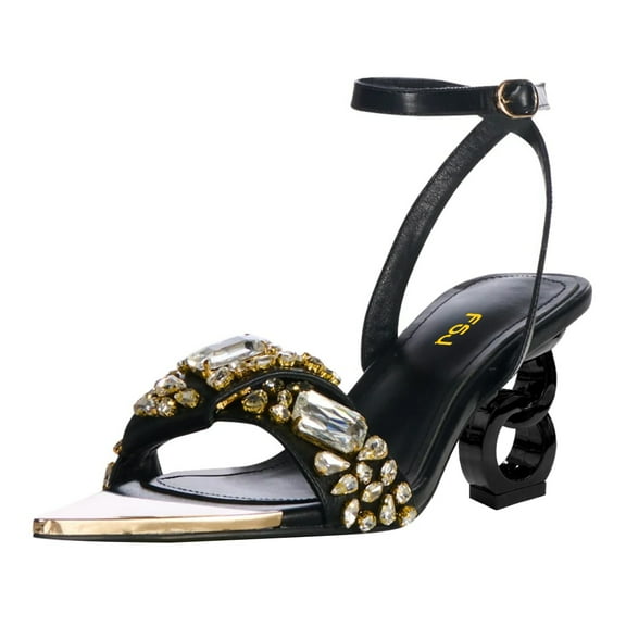 FSJ Women Sparkly Diamond Pointed Open Toe Sandals Band Ankle Buckle Chic Chain Mid Heels Wedding Party Shoes Size 8 Black