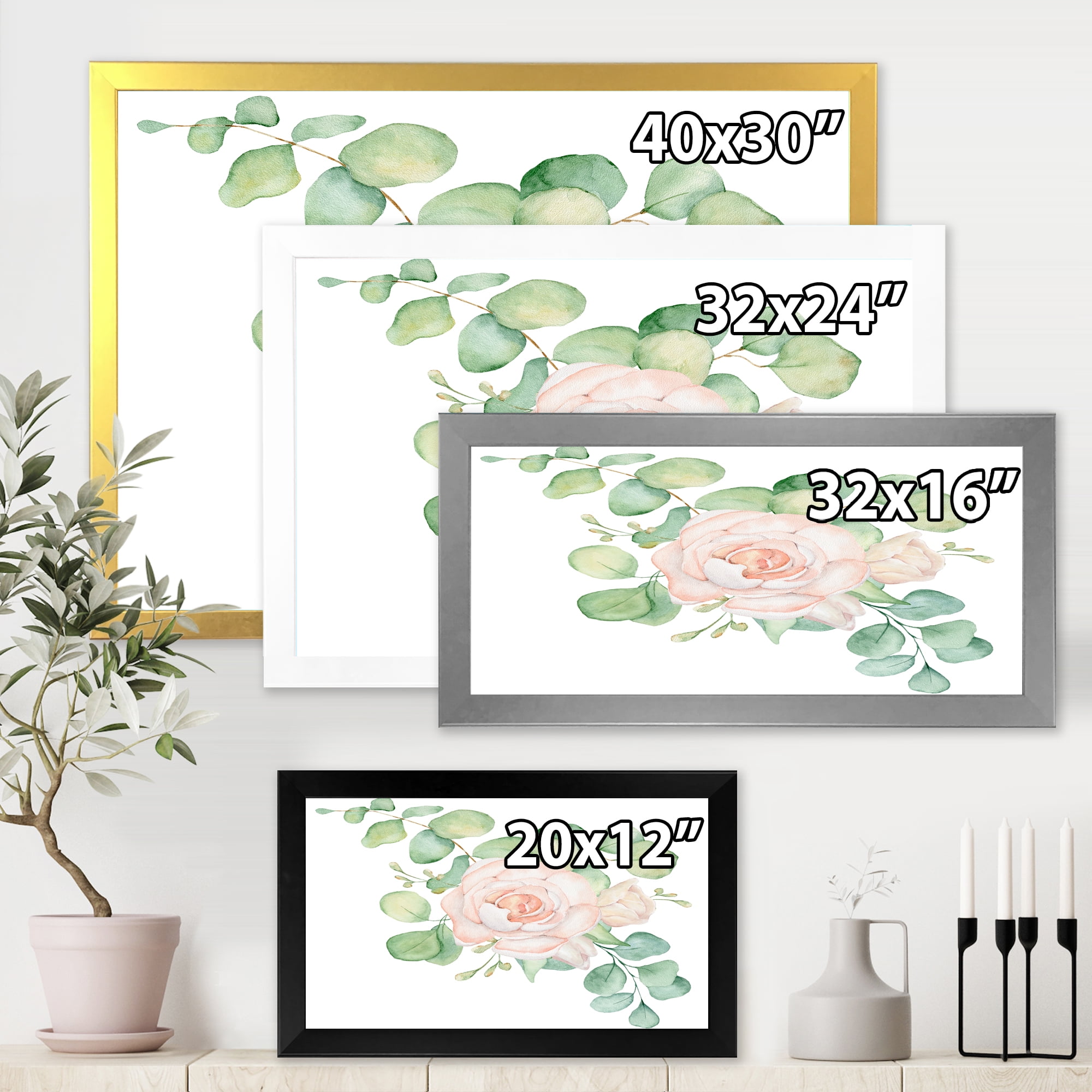 Designart 'Bouquet of Pink Roses Flowers and Eucalyptus Leaves' Traditional Framed Art Print