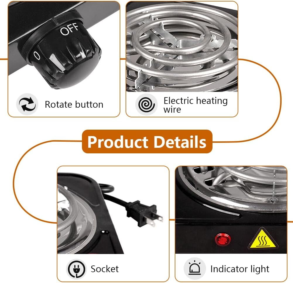 2000W Portable Electric Double Burner, Electric Hot Plate Kitchen Cooktop Cooking Stove Frying Pan and Easy to Clean for Home or Dorm, 5 Adjustable Temperatures, Black