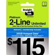 Straight Talk $115 Platinum 2-Line Unlimited 30-Day Prepaid Plan, Mobile Protect, 20GB Hotspot Data, 100GB Cloud Storage & Int'l Calling e-PIN Top Up (Email Delivery)