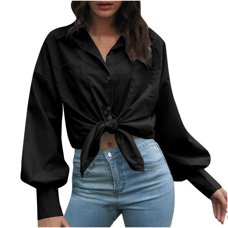CYMMPU Spring Clothes for Women 2023 Solid Shirts Fashion Button Down  Collared Fall Sweatshirt Trendy Pullover Long Sleeve Plus Size Tops Black XL