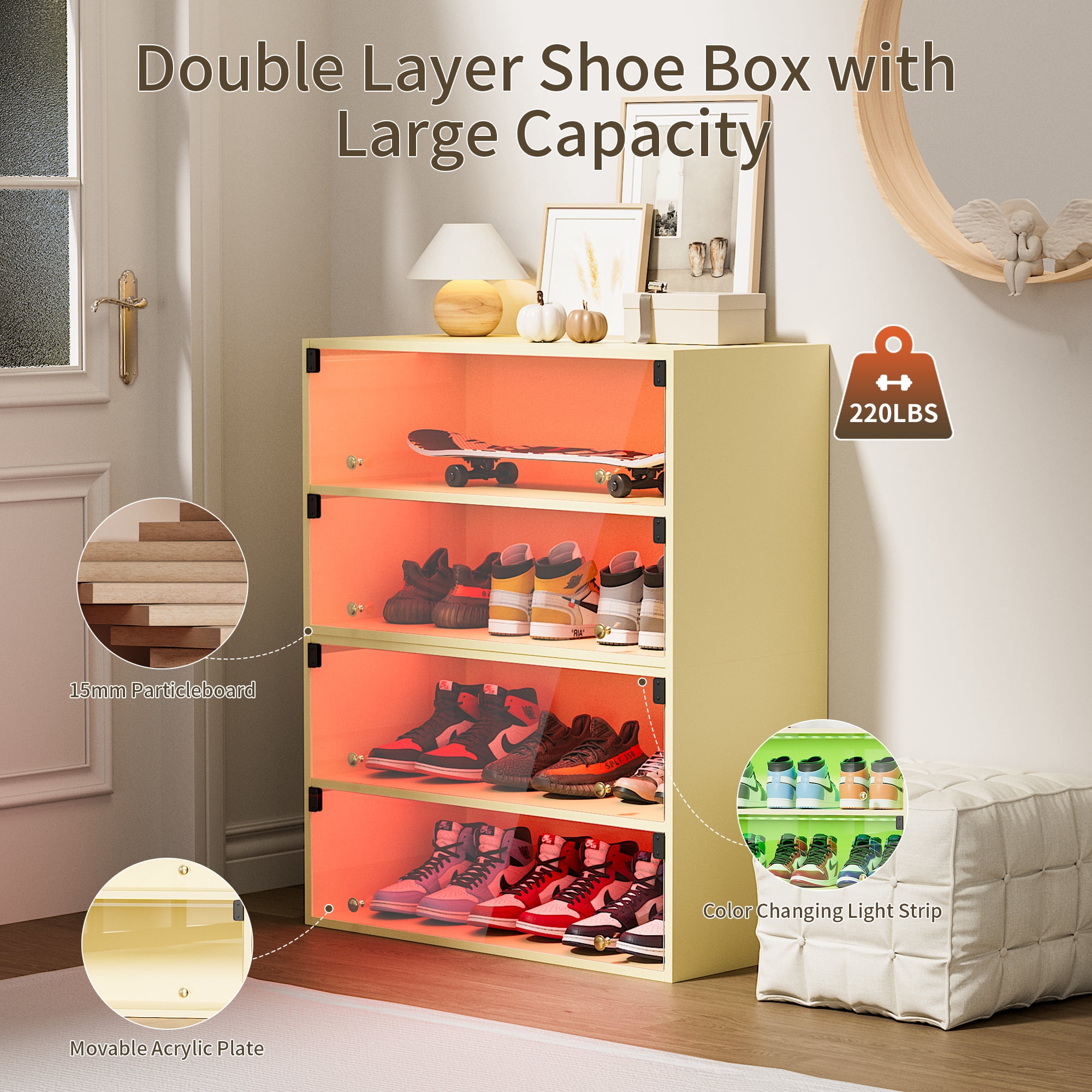 OUDOSPRS Stackable LED Sneaker Display Cabinet for 6 Pairs of Shoes, 2 Layers Shoe Rack with Thick Acrylic Door, Clear Shoe Boxes Sleek Wooden Showing Shoe Rack for Space Saving, White