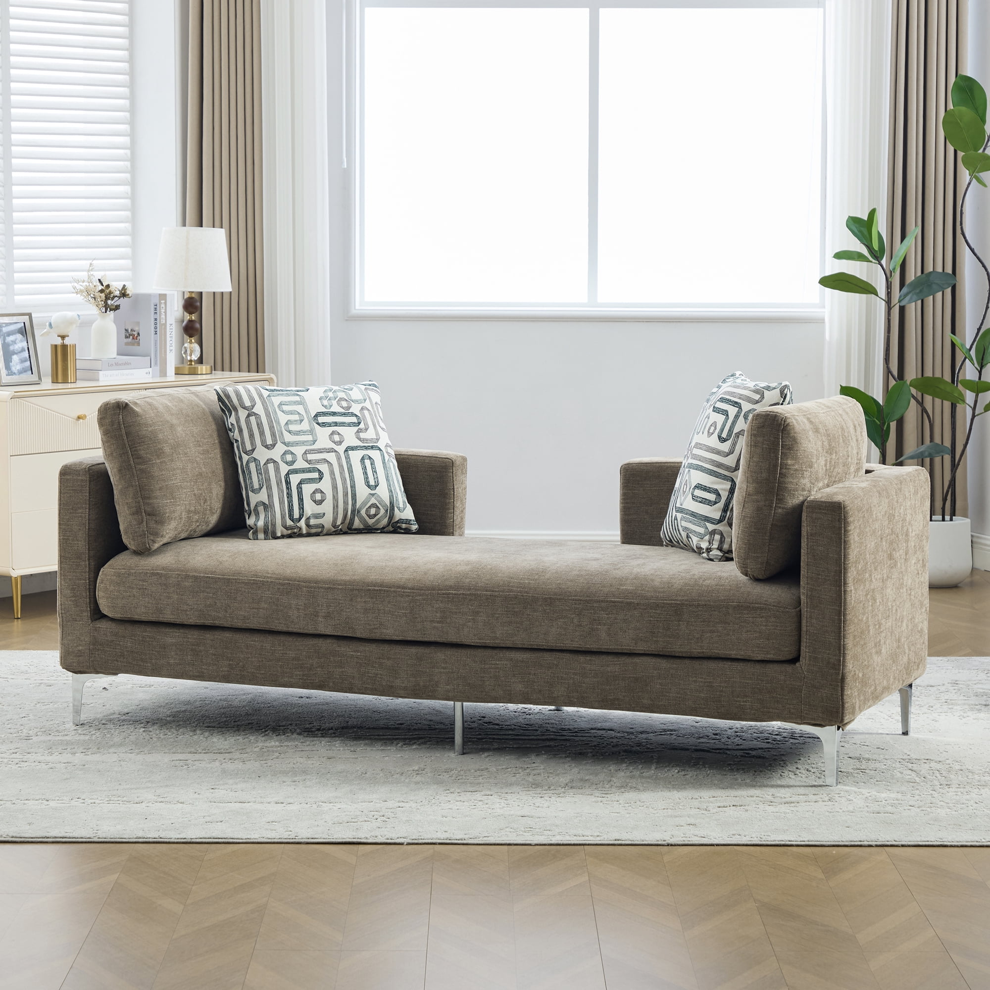 77.5-Inch Chenille Chaise Lounge with 4 Pillows and Open Backrest, Oversized Settee Daybed for Living Room and Guest Room, Taupe