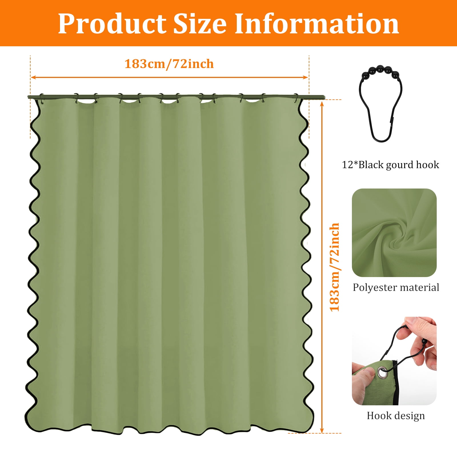 Dznils Black Scalloped Boho Shower Curtain with Hooks, Water-Repellent Thick Linen Fabric Bathroom Curtain, Green, 72" x 72"