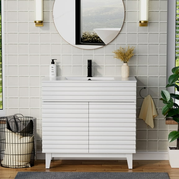 36" Freestanding Single Bathroom Vanity with Ceramic Top, Faucet, Wood Tune