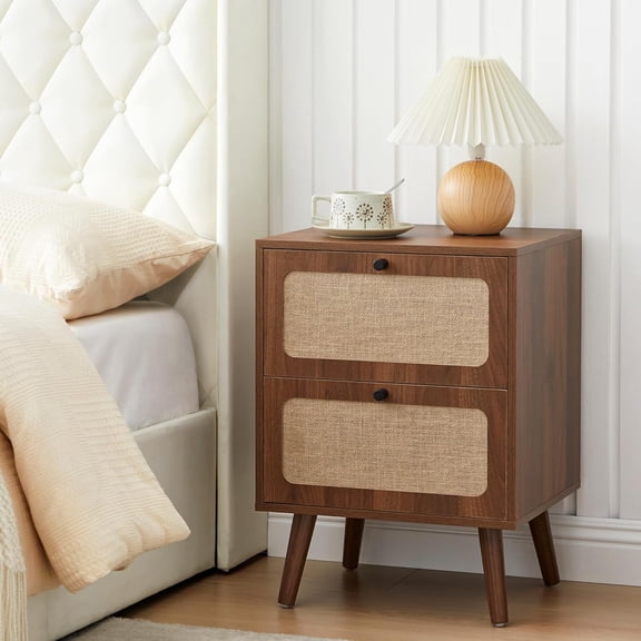 Mid Century Night Stand Set of 2, Modern Nightstand with Drawer & Curved Linen Panel, Farmhouse End Table Wood Bedside Table Small Side Tables for Small Space, Bedroom (Walnut)