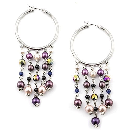 Elegant Hoop and Pearl Drop Dangle Earrings - Silver Tone Multi-Color Jewelry Silver