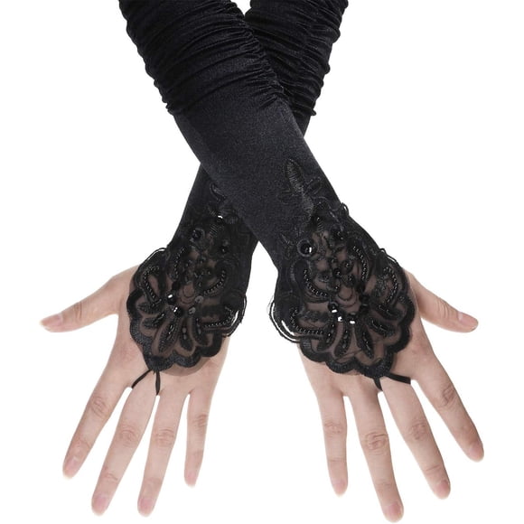 1920s Black Long Opera Gloves with Finger Loops Stretchy Fingerless Floral Embroidery Sequins Satin Evening Bridal Party Elbow Gloves for Women Theme Party Halloween Costume
