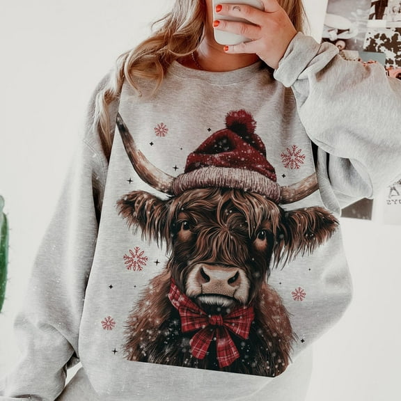 Christmas Coquette Highland Cow Sweatshirt, Western Christmas Sweatshirt, Highland Cow Sweatshirt, Merry xmas Sweatshirt, Coquette Sweatshirt, Aesthetic Christmas Sweatshirt