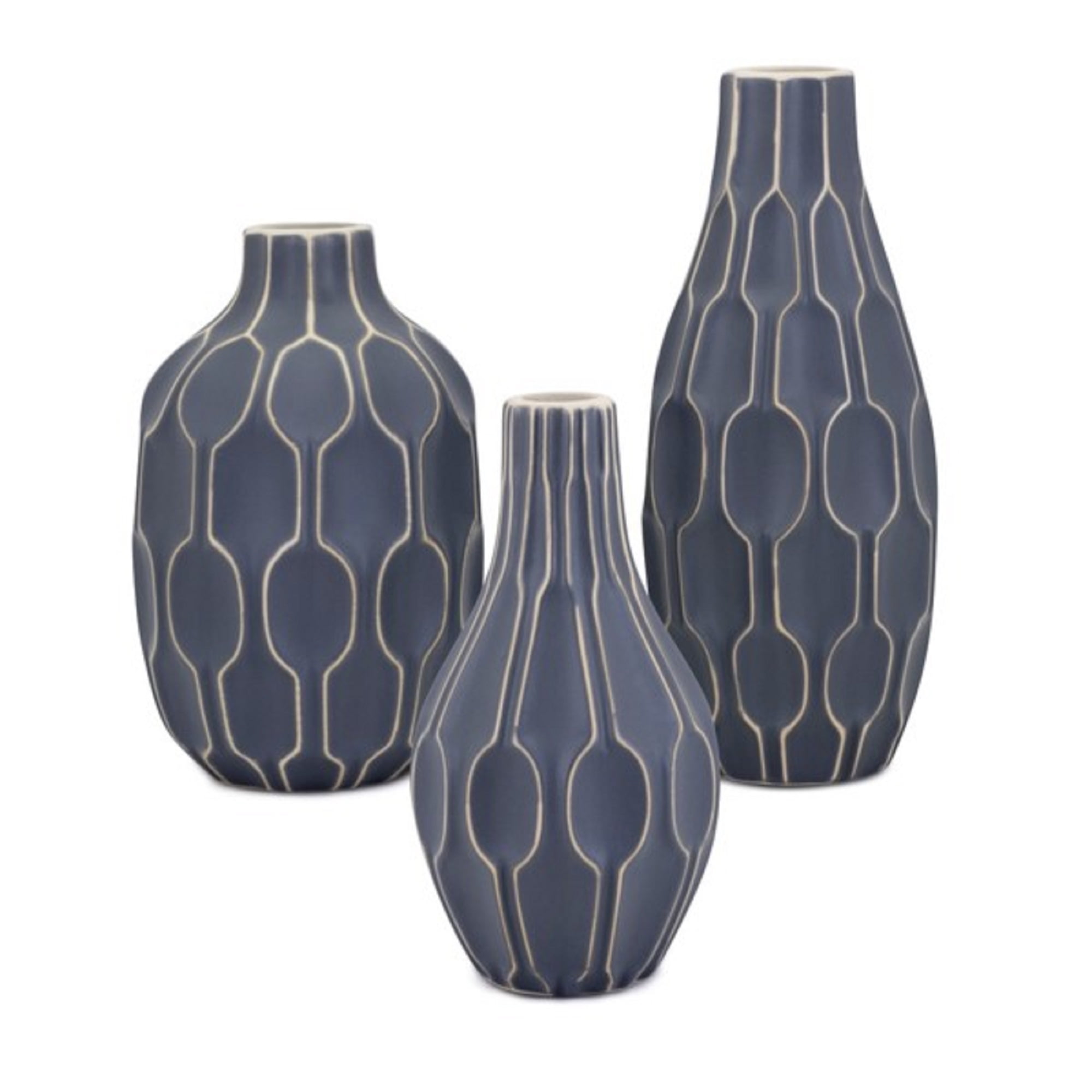 Set of 3 Indigo Blue and Beige Decorative Lizzy Vases Table Top Decor