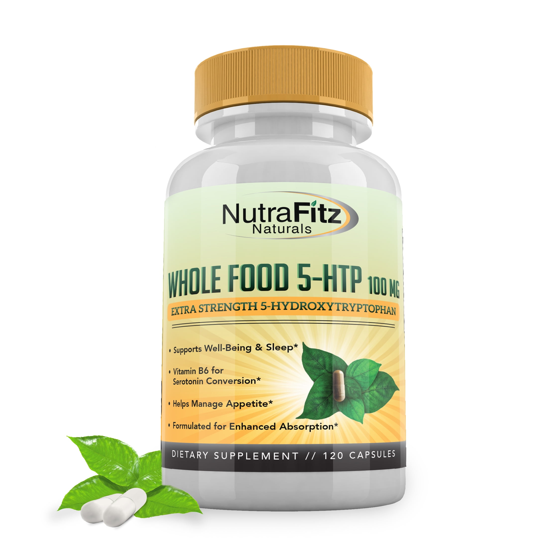 5HTP 100mg Supplement, Plus B6, Organic Whole Food - Natural Sleep Aid, Mood Support, Anxiety Relief, Calm, Appetite Control - Best Serotonin Booster - NonGmo, 120 Vegan Capsules