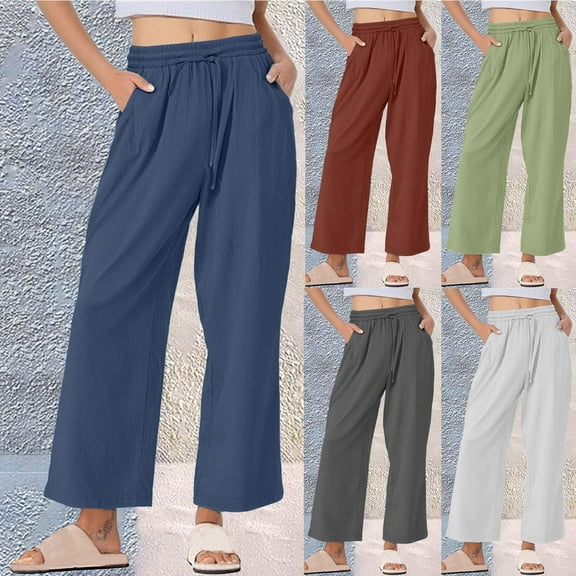 ZZwxWA Womens Cotton Linen Wide Leg Pants Summer High Waist Elastic Drawstring Pants Casual Flowy Lounge Trousers with Pocket