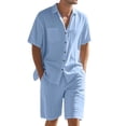 thumbnail image 2 of Men's Linen Blend Short Sleeve Shirt & Shorts Set, Casual Summer 2 Piece Outfit Light Blue XXXL, 2 of 9