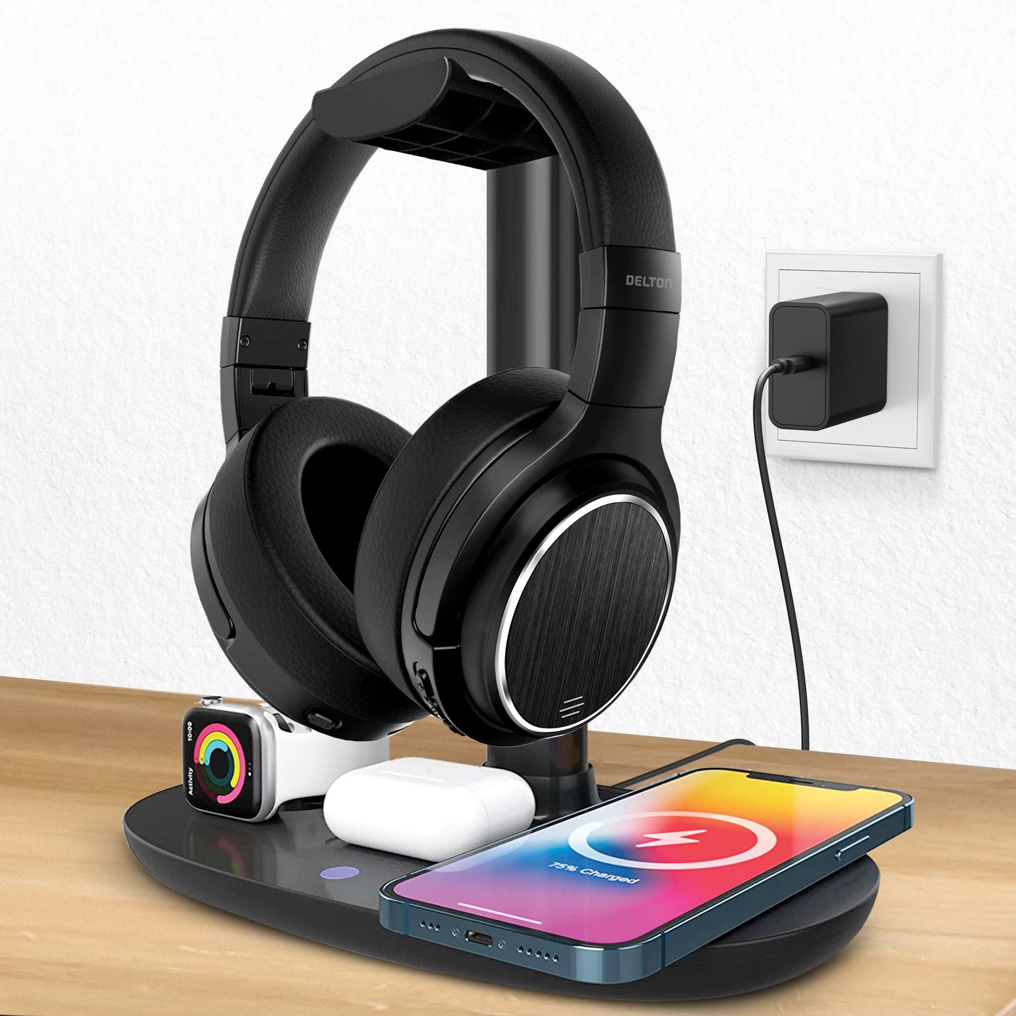 Delton M101 Wireless Computer Headset And Qi Charging Stand, Bluetooth headphones with Noise Cancelling Mic, Headset Stand Charging Station Support 20W Fast Charging