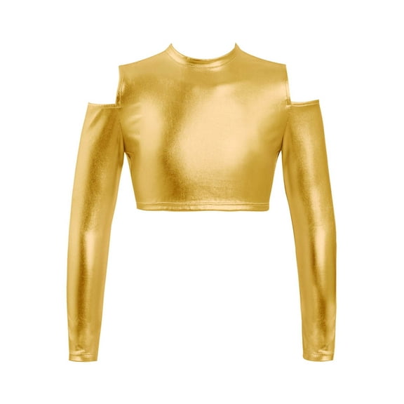 DPOIS Kids Girls Glossy Metallic Athletic Crop Top Off Shoulder Long Sleeve Dance Sports Shirt Gold 4