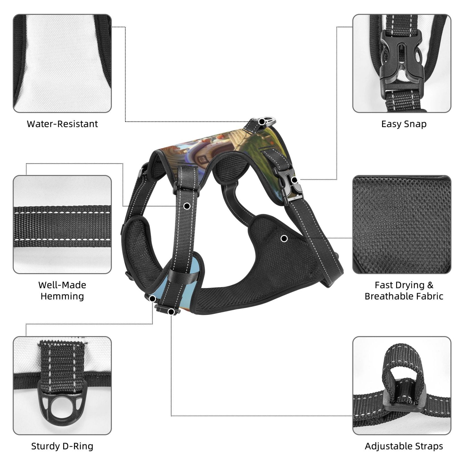Vsdgher Cute Mushroom Town Pattern Dog Harness,No Pull Pet Harness with Soft Padded Handle,Adjustable Reflective Vest with 2 Buckles,4 Slide Buckles,S-XL Medium