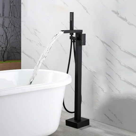 Matte Black Floor Mounted Bathtub Faucet Hand Shower Bathroom Free Standard