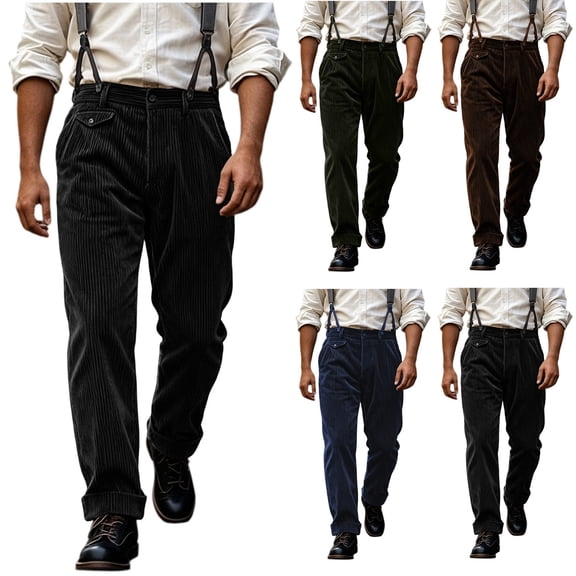 Zynoxe Mens Plus Size Autumn Winter Vintage Corduroy Suspender Pants Straight High Waist Business Casual Work Dress Pants with Adjustable Braces Black S