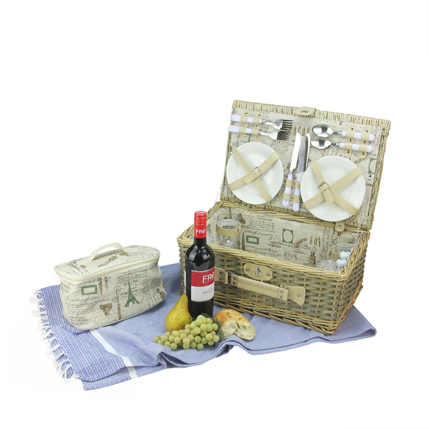 Northlight 4Person Hand Woven Scripted Graphical Warm Gray Natural Willow Picnic Basket Set