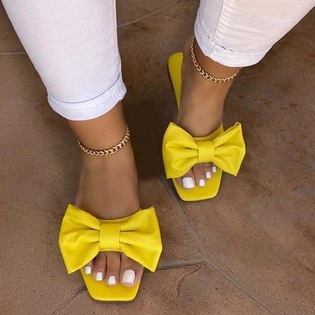 

Ecqkame Women s Slippers Clearance Women s Sandals Bowknot Flat Slippers Casual Beach Indoor&Outdoor Shoes Yellow 36