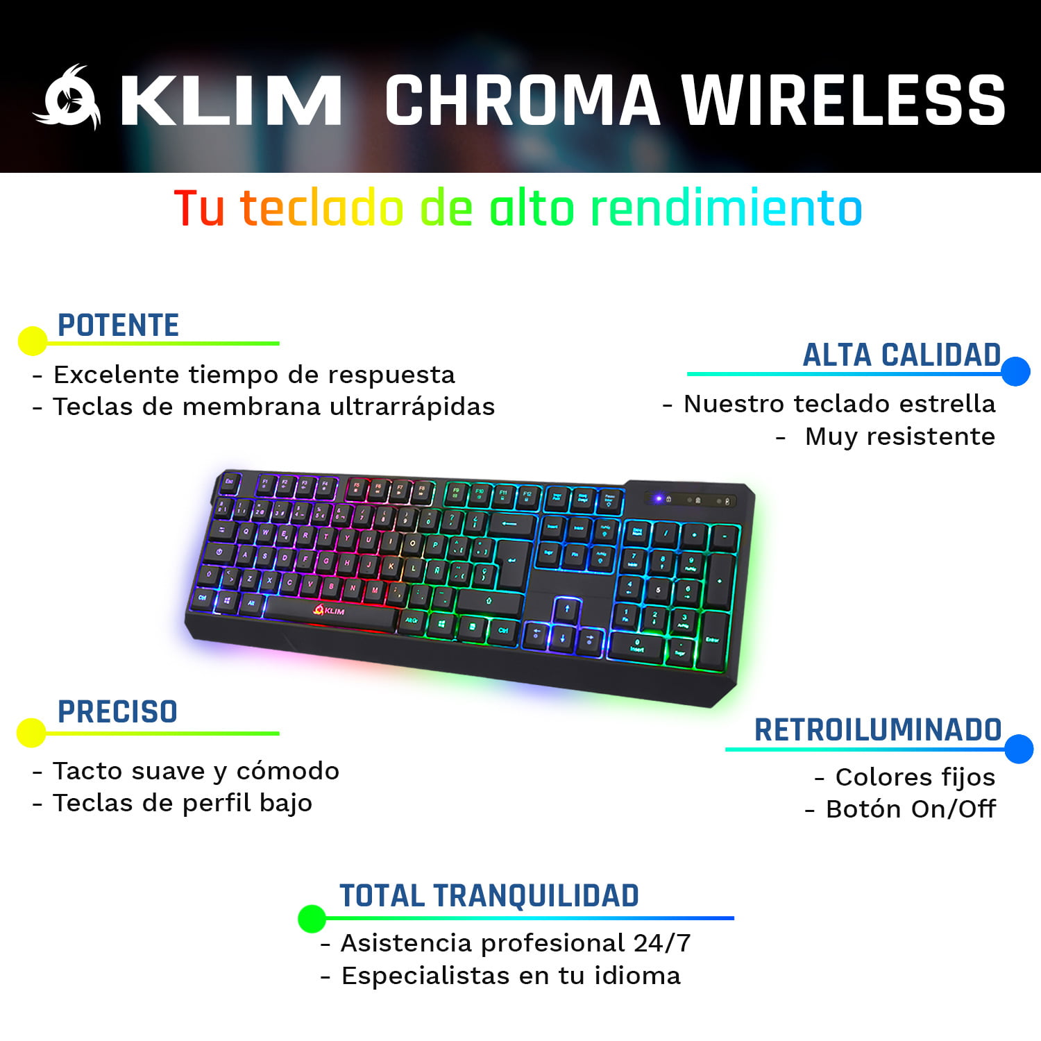 KLIM Chroma Wireless - Spanish Español Keyboard - Teclado inalámbrico  Gaming - New 2024 - Teclado Gaming Ligero Duradero resiste al Agua  Ergonómico