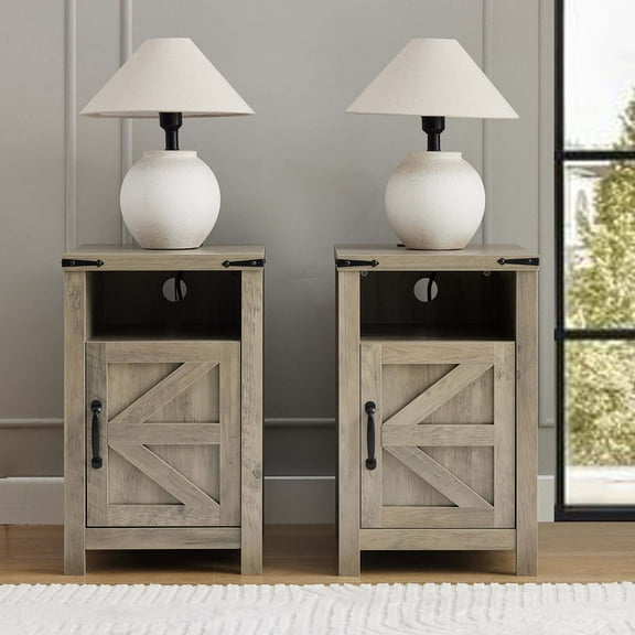 Farmhouse Nightstand Set of 2 with Charging Station & Barn Door, Bedside Table with Open Storage, Gray