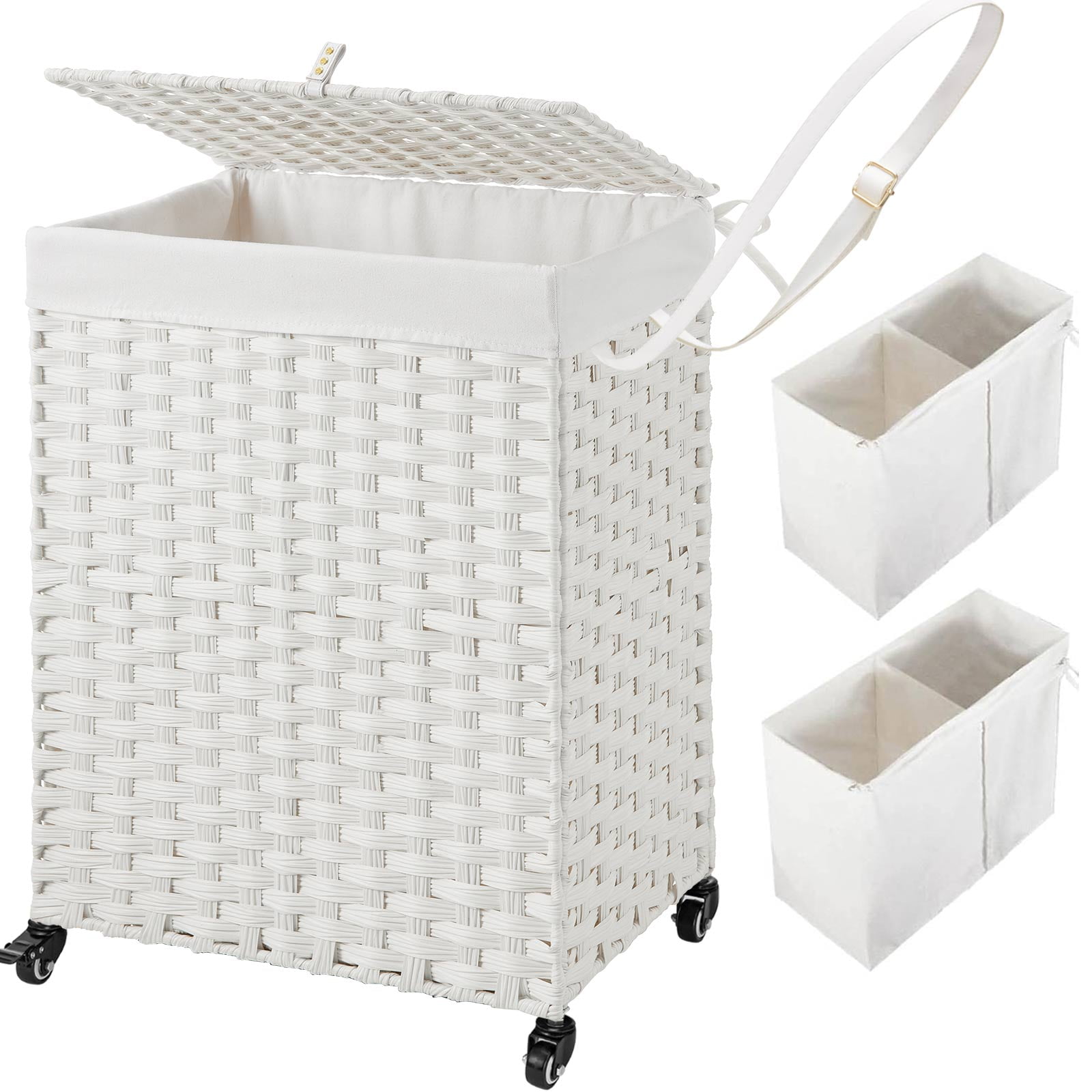 Rolanstar 90L Laundry Hamper with Wheels, No Install Needed, Divided Handwoven Hampers & 2 Removable Liner Bags, Synthetic Rattan Clothes Laundry Basket with Lid & Handles, Foldable Hampers White