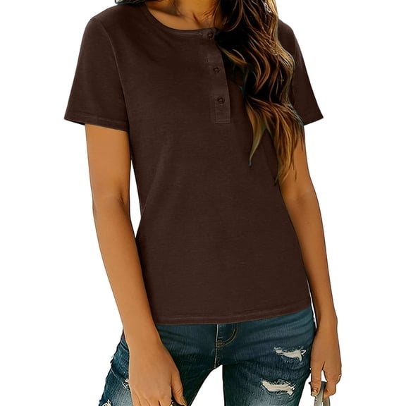 Htigea Short Sleeve Henley Shirts for Women Summer Crewneck Slim Fit Tee Solid Color Button Pullover Tops Brown S