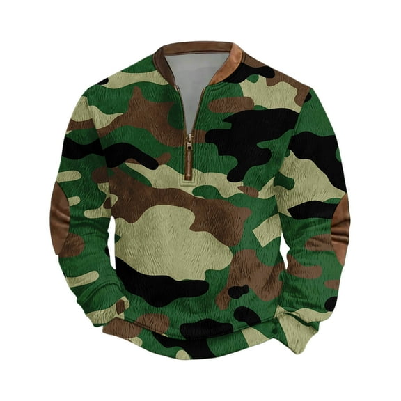 Men's Casual Camouflage Printed Semi-Zipper Retro Long Sleeve Sports Sweatshirt - Vintage Camo Pattern for Outdoor Wear and Street Style,Army Green,L