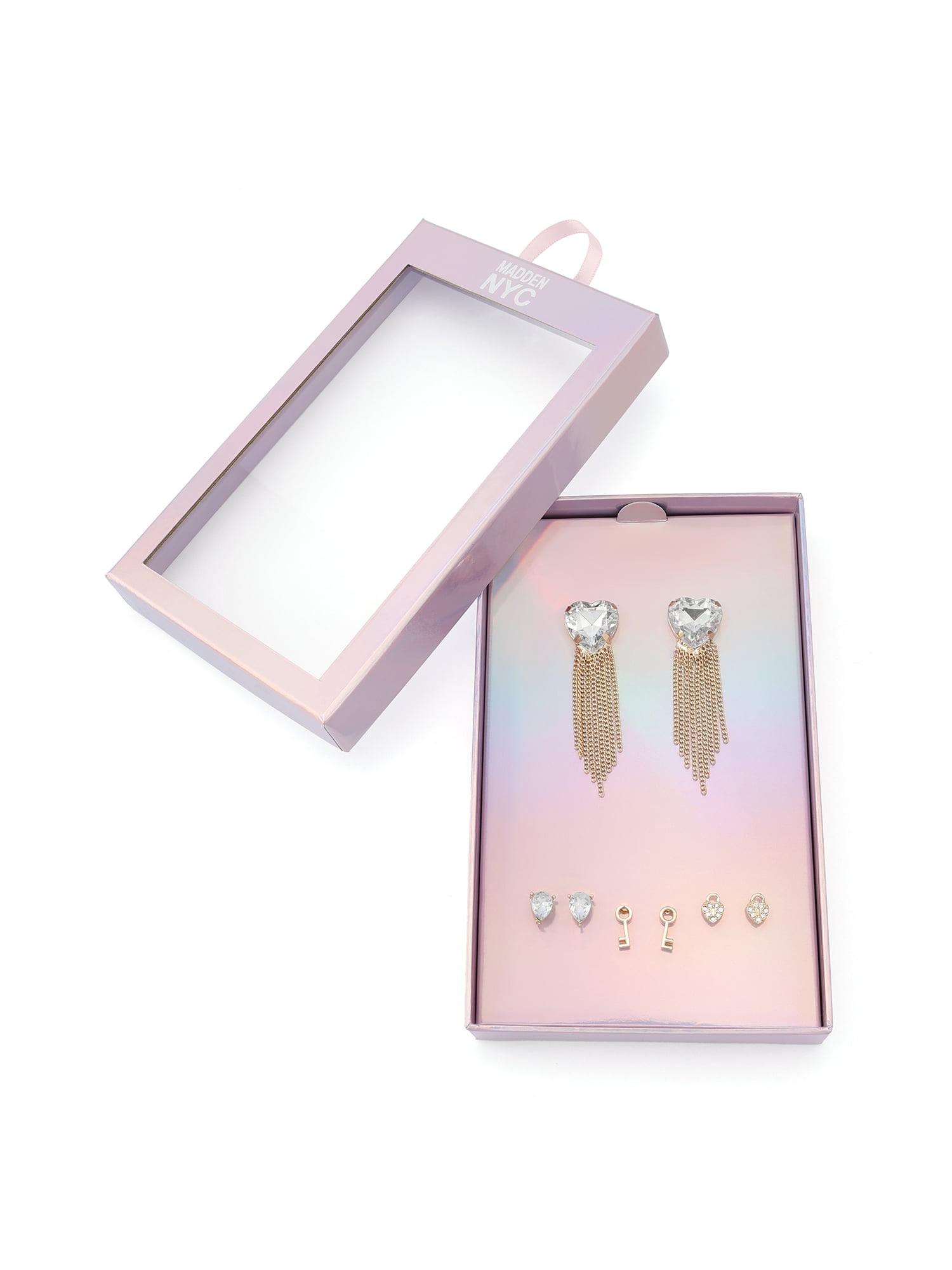 Madden NYC Women's Fashion Gold Stone Heart Fringe Drop & Stud Earring 4-Piece Giftable Boxed Statement Set